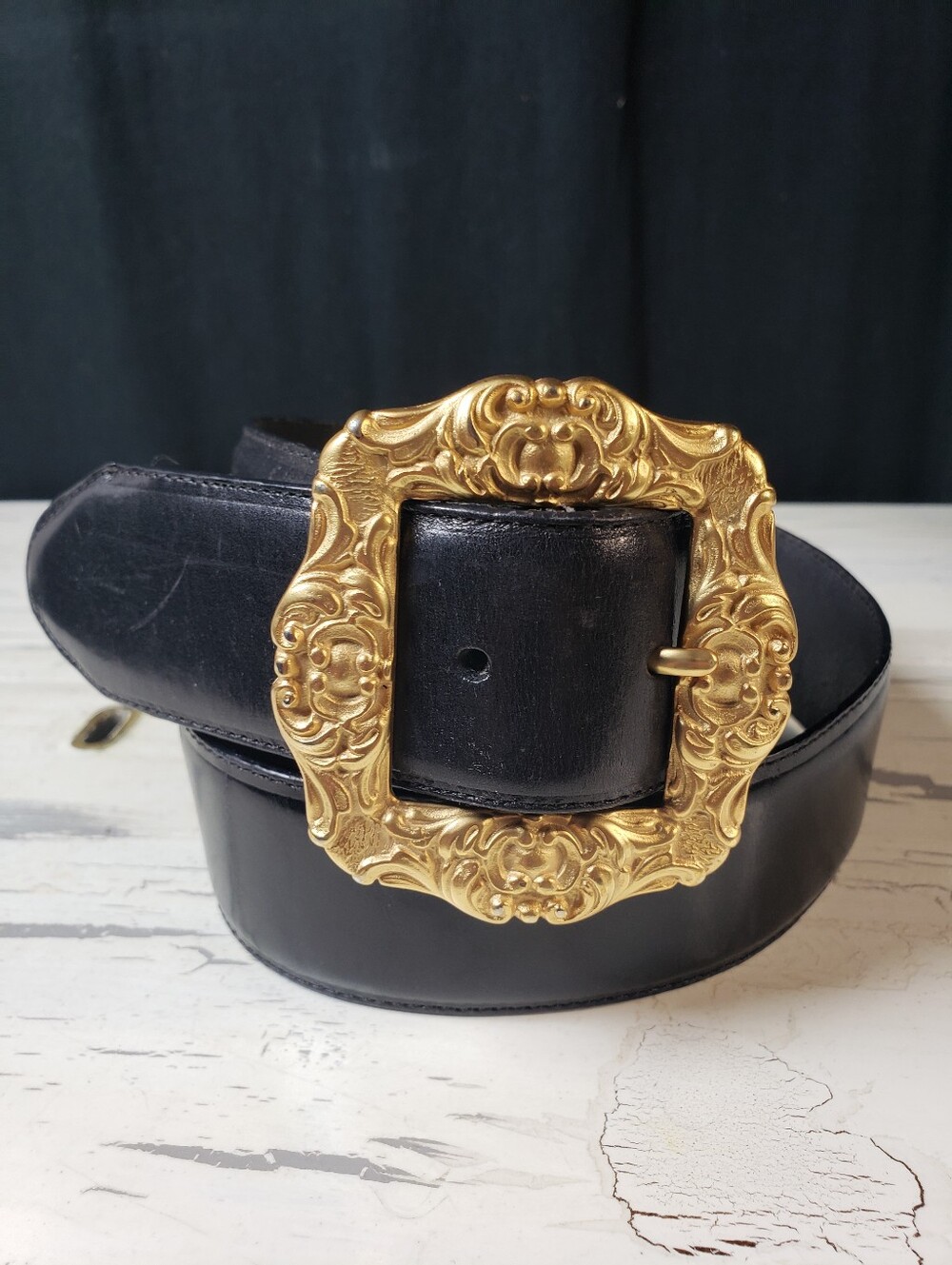 Brighton Leather Belt in Black w/ Baroque Style Square Buckle - size Medium